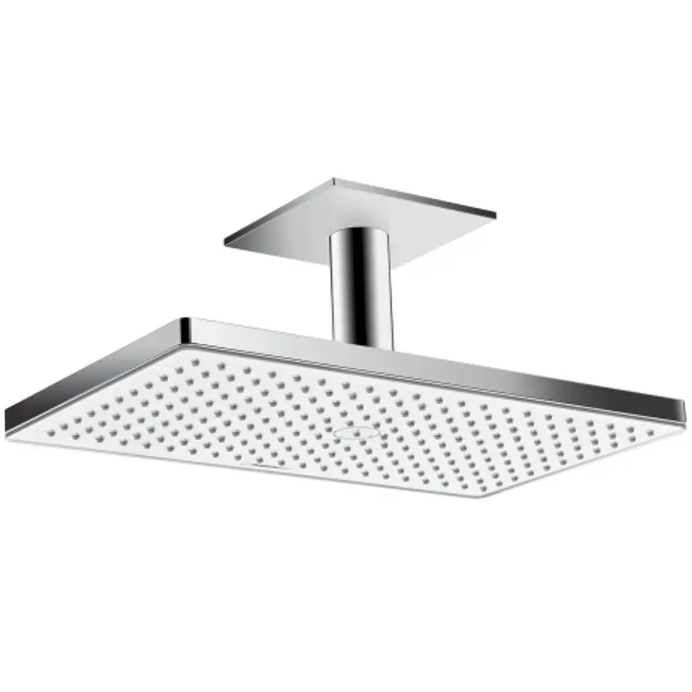 Deckenmontierte Kopfbrause in Silber mit quadratischer Fläche und mehreren Wasserdüsen. Produkt von Hansgrohe, geeignet für moderne Badezimmerausstattung.